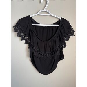 Ambiance Crochet Trim Off Shoulder Ruffle Crop Top Black Womens Size Small Boho